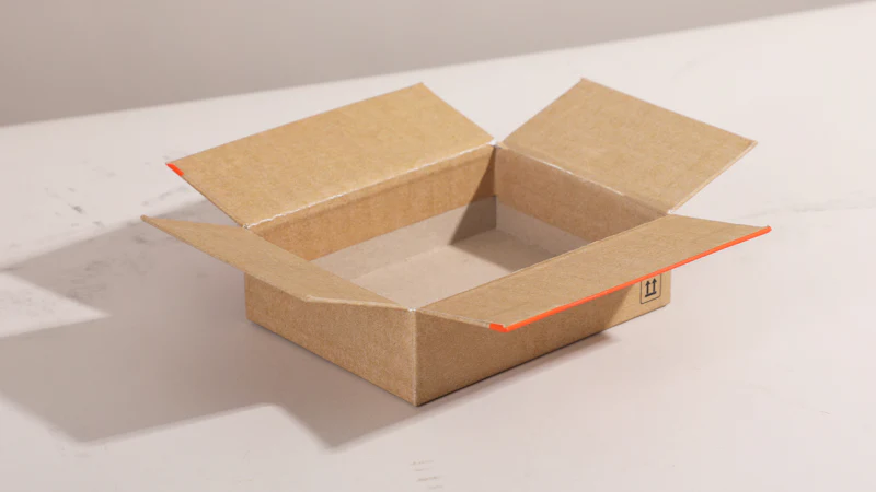 Caixa de papelão aberta sobre uma mesa clara