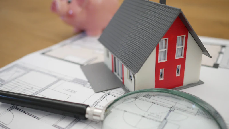 Miniatura de casa sobre planta de imóvel com lupa