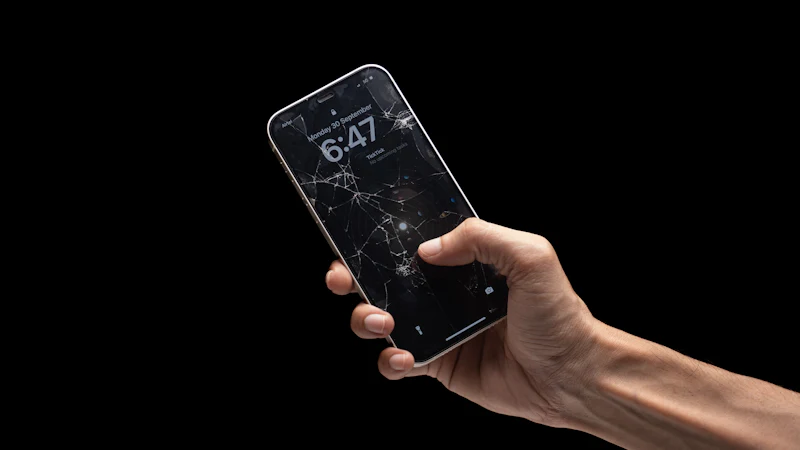 Mão segurando celular com a tela quebrada